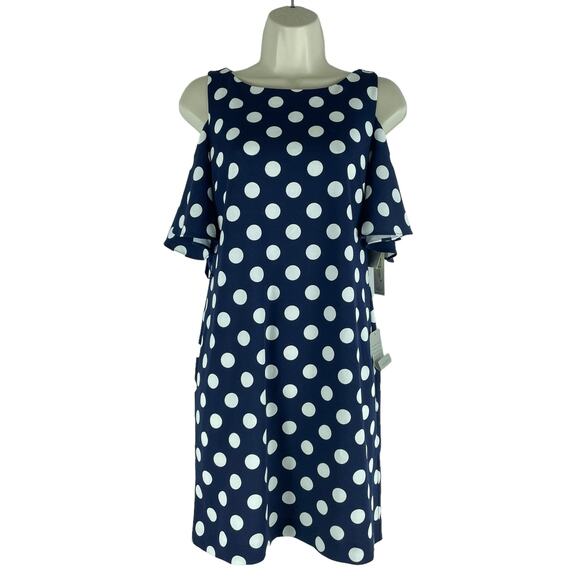 Eliza J Cold Shoulder Polka Dots Mini Dress Navy White Size 2 - Picture 4 of 10
